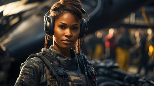 Female african american fighter pilot soldier stands outside her fighter jet