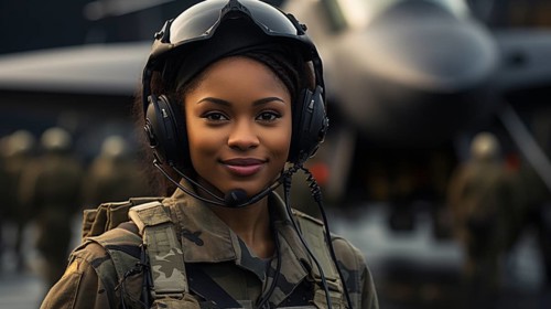 Female african american fighter pilot soldier stands outside her fighter jet