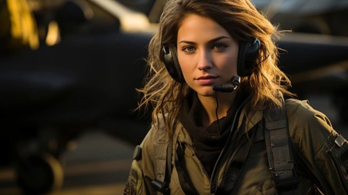 Mixed-race female fighter pilot soldier standing outside her military fighter jet