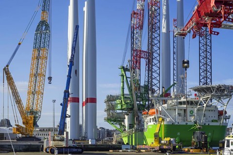 Installation vessel Apollo moored at REBO heavy load terminal in Ostend port