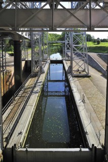 Hydraulic boat lift on the old Canal du Centre at Houdeng-Goegnies near La Louviere in the Sillon industriel of Wallonia