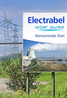 Signboard of the Doel Nuclear Power Station along the river Scheldt at Kieldrecht