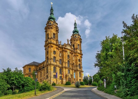Portal with towers of the pilgrimage church Basilica Vierzehnheiligen