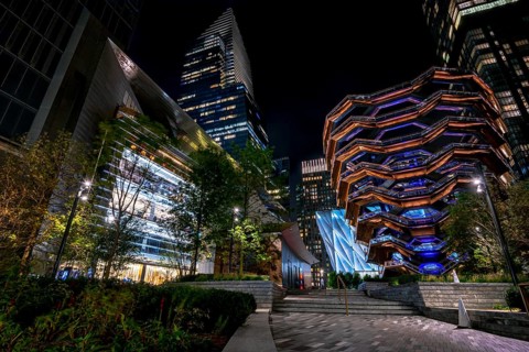 The center of the Hudson Yards with The Shed and The Vessel at night