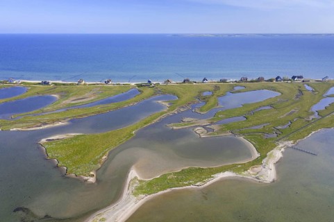 Aerial view over houses on the shore along the Baltic Sea coast at Steinwarder peninsula