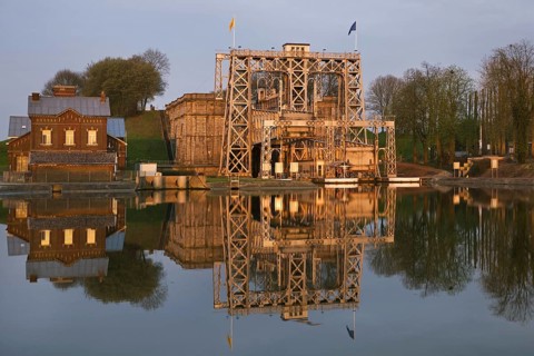 Hydraulic boat lift n4 at sunset on the old Canal du Centre at Thieu near La Louviere in the Sillon industriel of Wallonia