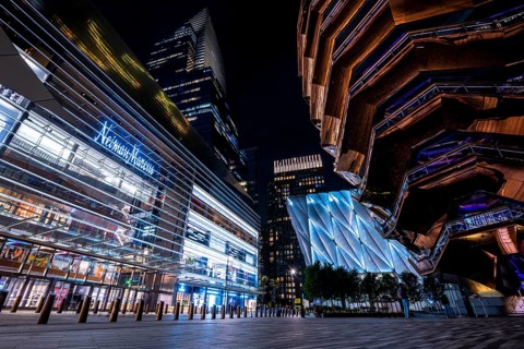 The center of the Hudson Yards with The Shed and The Vessel at night