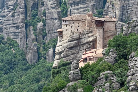 The monastery of Roussanou. The Greek Orthodox Meteora monasteries are built on sandstone cliffs above the Pinios valley. They are a UNESCO World Heritage Site. Kalambaka