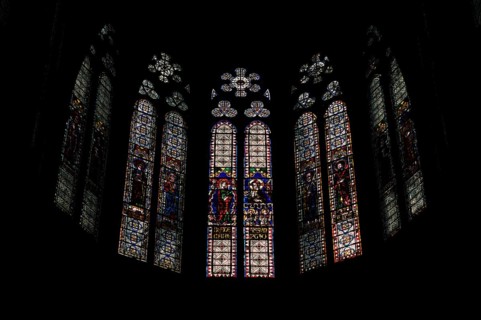 Interior view of stained glass windows in the choir room