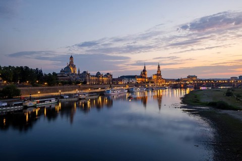 Silhouette of Dresden's Old Town in the evening on the Elbe