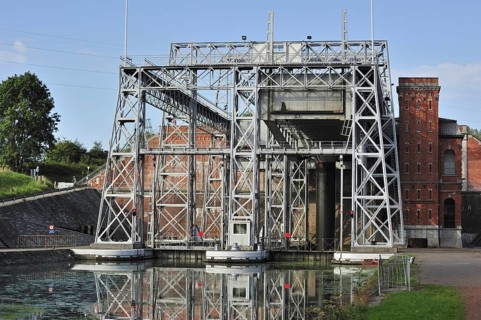 Hydraulic boat lift on the old Canal du Centre at Houdeng-Goegnies near La Louviere in the Sillon industriel of Wallonia