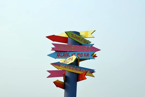 Colourful wooden signs with distance information