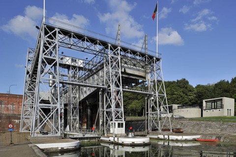 Hydraulic boat lift on the old Canal du Centre at Houdeng-Goegnies near La Louviere in the Sillon industriel of Wallonia