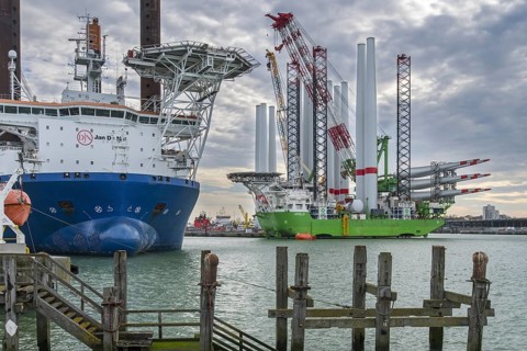 Installation vessels Apollo and Vole Au Vent moored at REBO heavy load terminal in Ostend port
