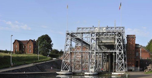 Hydraulic boat lift on the old Canal du Centre at Houdeng-Goegnies near La Louviere in the Sillon industriel of Wallonia