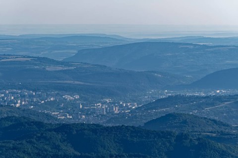 Mountain landscape of the Balkan Mountains around the town of Gabrovo and the forested slopes of the Balgarka nature park Park in Central Bulgaria. Shipka