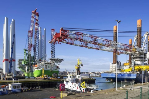 Installation vessels Apollo and Vole Au Vent moored at REBO heavy load terminal in Ostend port