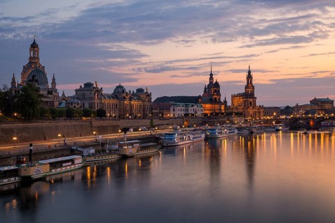 Silhouette of Dresden's Old Town in the evening on the Elbe