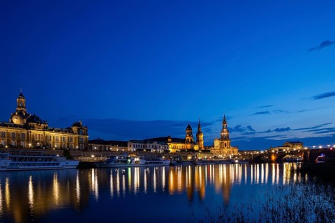 Silhouette of Dresden's Old Town in the evening on the Elbe