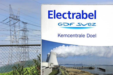 Signboard of the Doel Nuclear Power Station along the river Scheldt at Kieldrecht