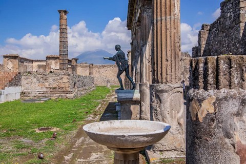 Apollo Sanctuary with Apollo Statue and Vesuvius in Clouds