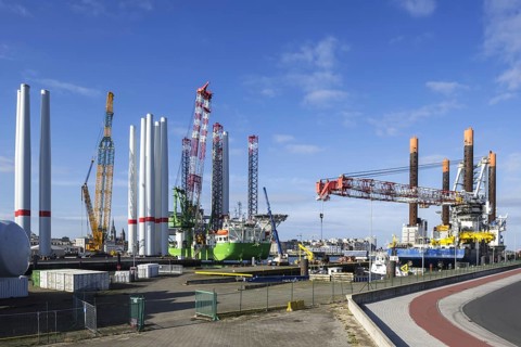 Installation vessels Apollo and Vole Au Vent moored at REBO heavy load terminal in Ostend port