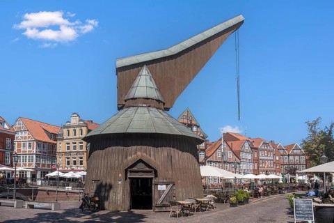 Wooden pedestrian crane at the Hanseatic harbour