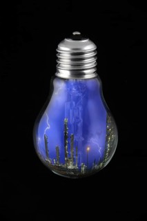 Lightning during thunderstorm above petrochemical industry inside incandescent lamp