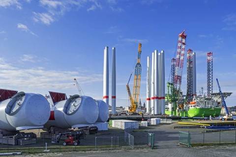 Installation vessel Apollo moored at REBO heavy load terminal in Ostend port