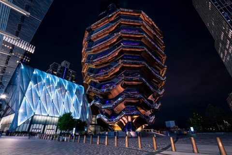 The center of the Hudson Yards with The Shed and The Vessel at night