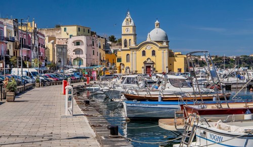 Church Madonna delle Grazie at the fishing port Marina Grande with boats