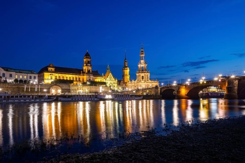 Silhouette of Dresden's Old Town in the evening on the Elbe River