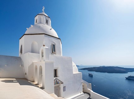 View of white-washed Church of St Minas