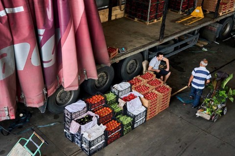 Wholesaler with vegetables in front of his truck