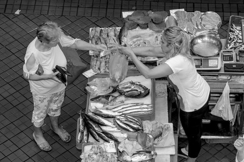 Black and white bird's eye view photo of a stall full of fish with the seller and a buyer