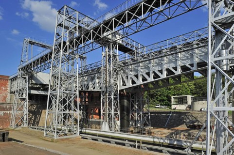 Hydraulic boat lift on the old Canal du Centre at Houdeng-Goegnies near La Louviere in the Sillon industriel of Wallonia