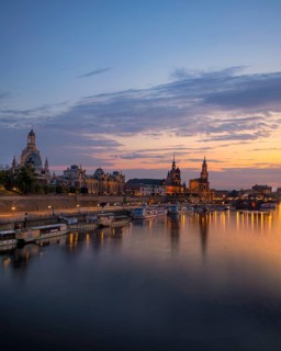 Silhouette of Dresden's Old Town in the evening on the Elbe