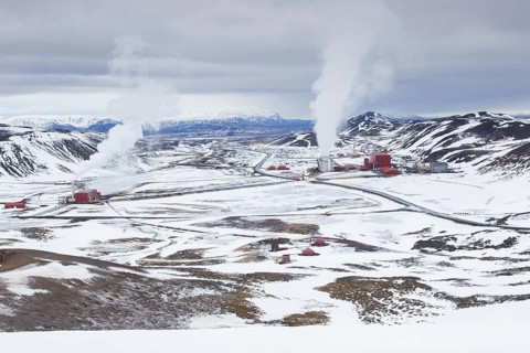 Krafla geothermal power plant near the Krafla Volcano and lake Myvatn in winter