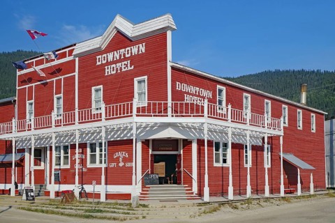 Wooden facade of an old hotel in the gold mining town of Dawson City