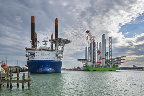 Installation vessels Apollo and Vole Au Vent moored at REBO heavy load terminal in Ostend port