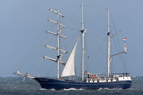 Three-masted motor sailer of the Turkish gulet type in the Weser fairway off Minsener Oog