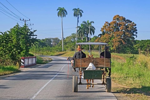 Two Cubans riding in horse-drawn carriage along the Circuito Sur