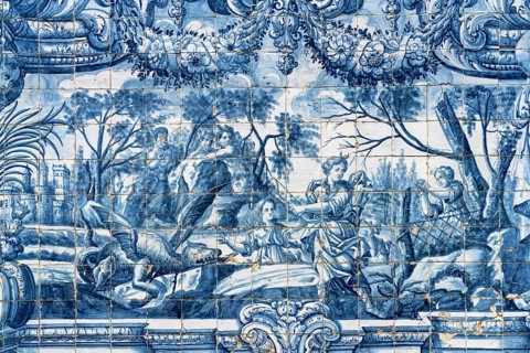 Mural of typical blue tiles azulejos in the Se do Porto Cathedral