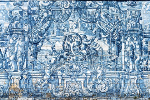 Mural of typical blue tiles azulejos in the Se do Porto Cathedral