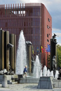The concert hall and sculpture group with fountain