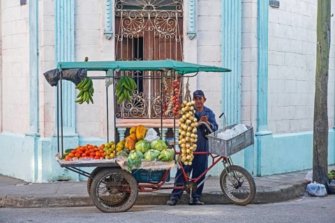 Cuban street vendor selling fruit and vegetables from mobile food stand on tricycle in the city Camagueey on the island Cuba