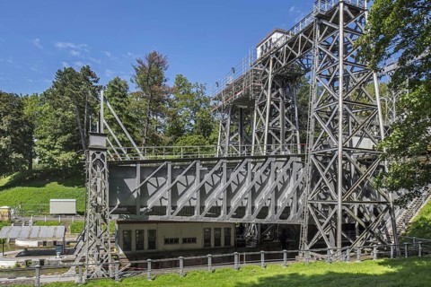 Hydraulic boat lift no. 3 on the old Canal du Centre at Strepy-Bracquegnies near La Louviere