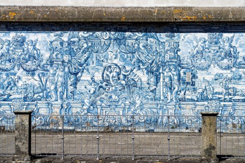 Mural of typical blue tiles azulejos in the Se do Porto Cathedral