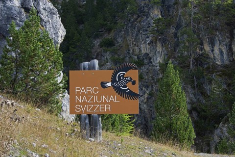 Sign showing logo of the Swiss National Park at Graubuenden