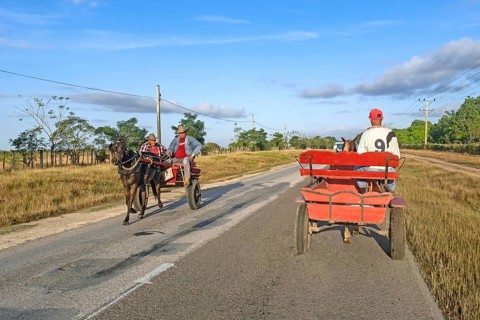 Cubans riding horse-drawn cart and carriage along the Carretera Central
